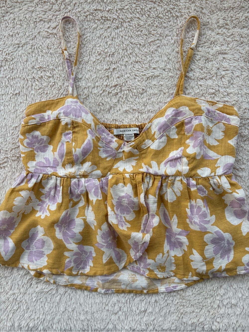 American Eagle Outfitters Mustard Floral Peplum Cami with Lilac Flowers